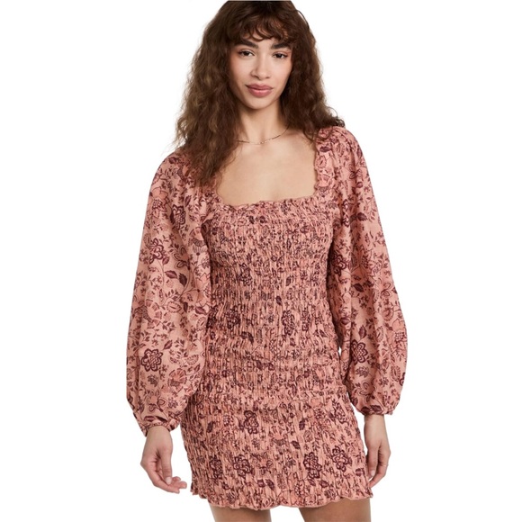 New FREE PEOPLE Smock It To Me Minidress in Apricot Combo Size M - Picture 2 of 16